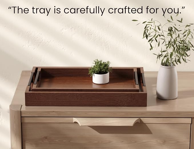Fibogollo Set of 2 Bamboo Serving Trays with Metal Handles(Brown) | Ottoman Decorative Trays Platter for Coffee Table,Living Room,Bar,Party,Holiday Hosting and Outdoor Entertaining