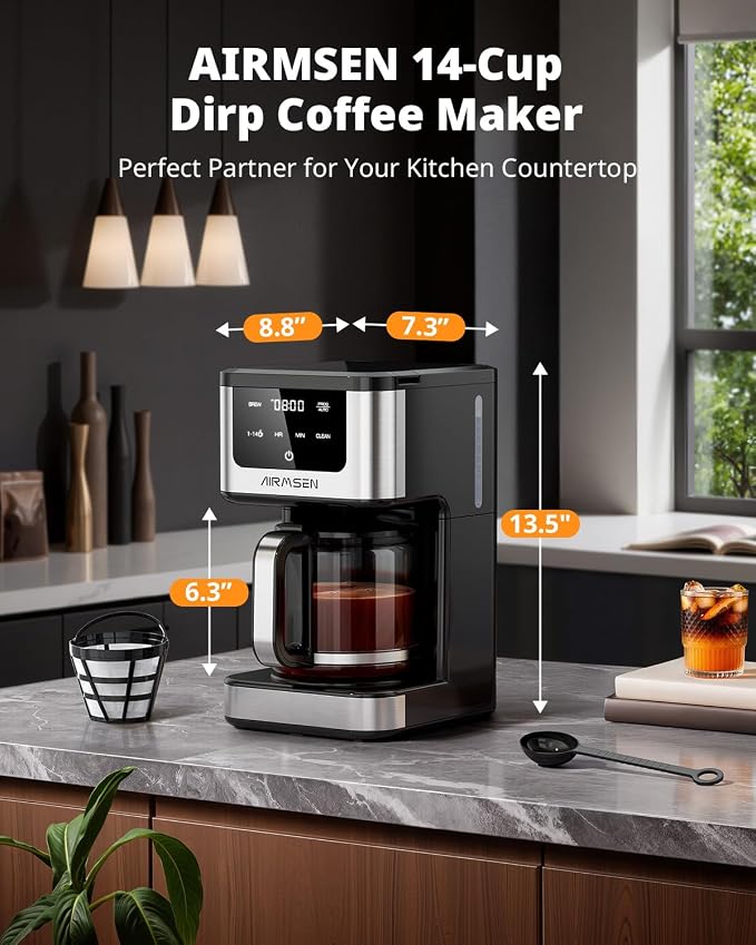 AIRMSEN 14-Cup Programmable Drip Coffee Maker | 1000W Fast Brew, 24H Timer, 2-Hour Keep Warm, 4/6/8/10/14-Cup Selection, 73oz Tank & Glass Carafe for Home Office