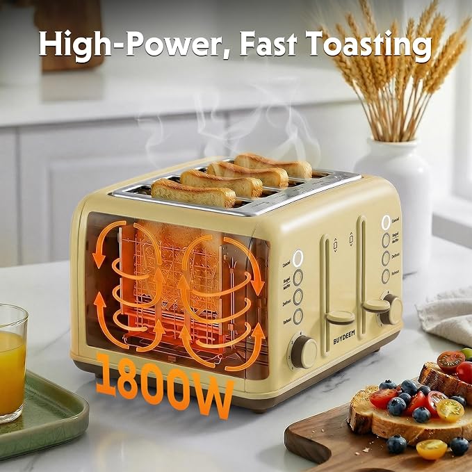 BUYDEEM DT640 4-Slice Toaster, 7 Shade Settings, Extra Wide 1.5’’ Slots for Bagel & English Muffin, 6 Toasting Functions, Retro Stainless Steel Toaster with High Lift Lever, 1800W, Yellow