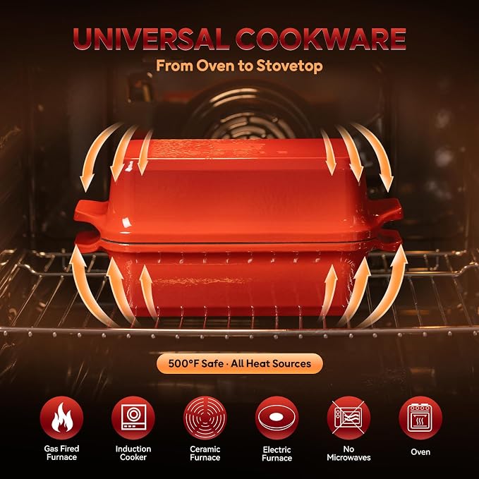 Enameled Cast Iron Dutch Oven for Sourdough Bread Baking, 9×5 Dutch Oven Pot with Lid, 2 in 1 Bread Pans with Lid for Baking, Roasting & Braising, Easy Release, Oven & Induction Safe (4.2 QT,Red)