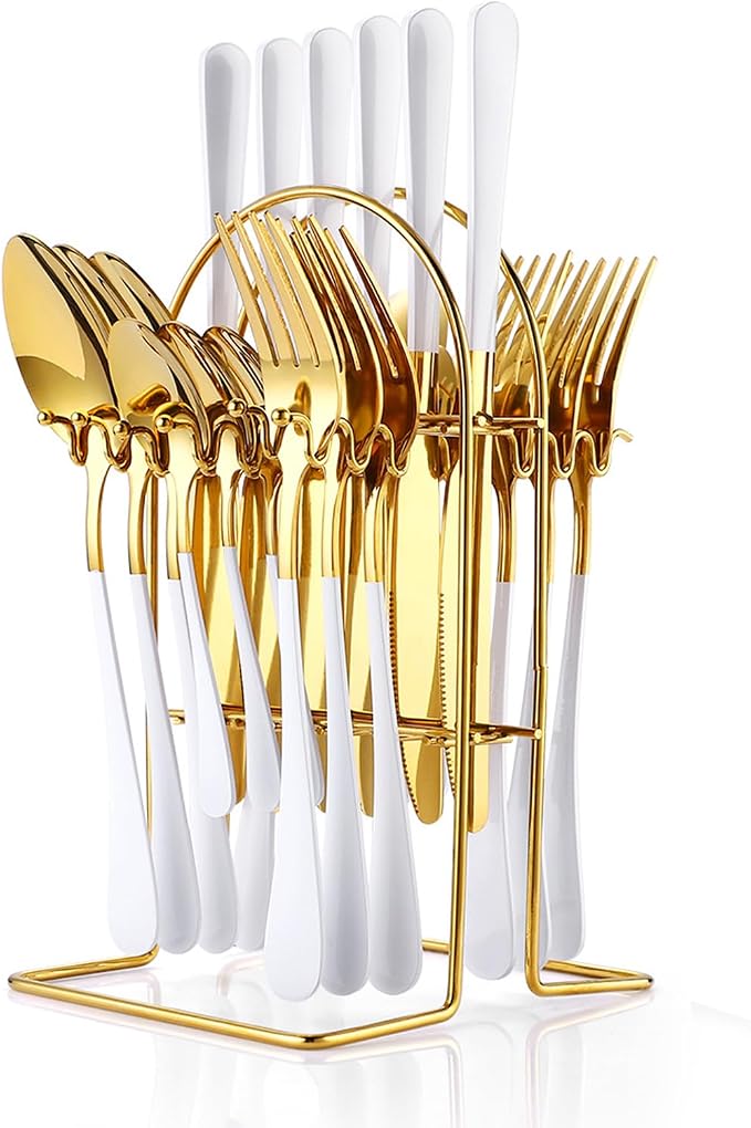 24 Pieces Silverware Set, Stainless Steel Flatware Set with Silverware Holder Spoons Forks Knives,Utensils Set Service for 6,Gold Mirror Polished and Matte Painted Cutlery Set (White)