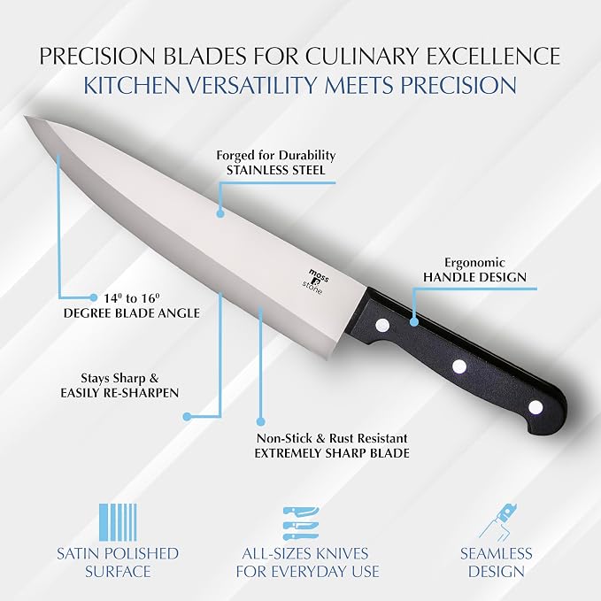 Moss & Stone 14 Pcs Kitchen Knife Set with Block, Stainless Steel | Premium forged kitchen knives with high-carbon sharp blades, ergonomic handle, rust-resistant knife block set for home & chef