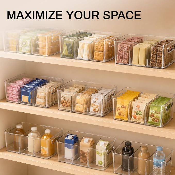 Mpotmiy 8-Pack Pantry Organizers and Storage, Clear Fridge Organizer Bins | Clear stackable plastic bins with removable dividers for packets, snacks, pouches and spices in pantry, fridge or freezer.