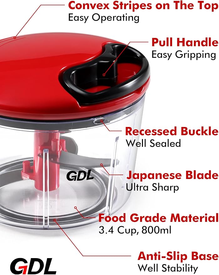 GDL Food Chopper, Vegetable Chopper, Pull String Onion Chopper Dicer, 800ML | Manual Chopper Dicer for Oinon, Garlic, Nut, 420 Stainless Steel Blade, Dishwasher Safe, Fast Cutting, Anti-Slip Base, No BPA