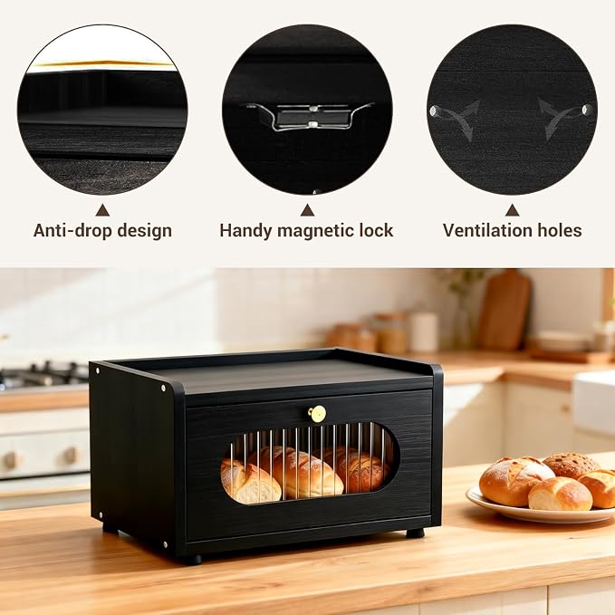 Garvee Bread Box for Kitchen Countertop, Wooden Breadbox Holder Container, Small Vintage Counter Top Breadbox, Farmhouse Stackable Organizer Bin for Homemade Food Shelf Acrylic Window Black