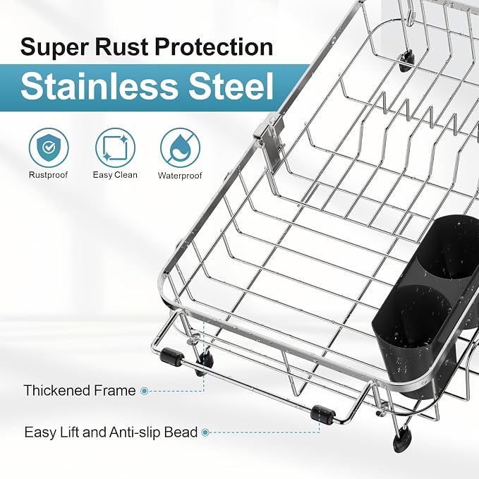 Small in Sink Dish Drying Rack - Expandable Stainless Steel Compact Over The Sink Dish Drainer with Utensil Holder for RV Kitchen Apartment, Silver