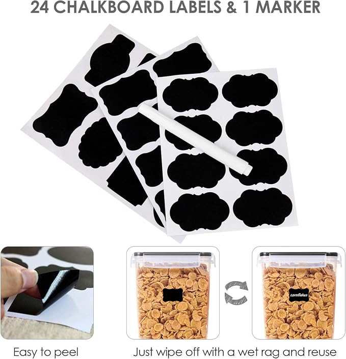 Vtopmart 3.6L Food Storage Containers, 4 PCS, Black | Airtight Seal, BPA Free, Food Grade Material, Dishwasher Safe (Not Lids), 4 Measuring Cups, 24 Labels