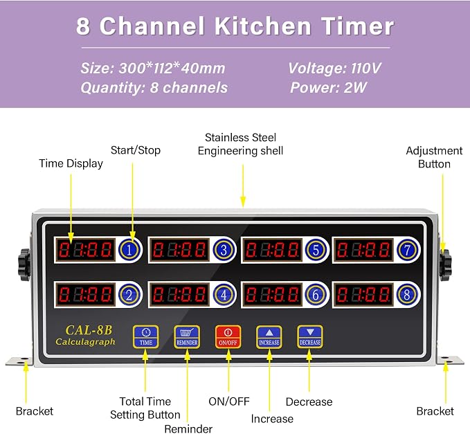 Commercial Kitchen Timers for Cooking Manual Big Large Timer Digital Timer 8-Channel Digital Commercial Fryer Reminder with Loud Alarm for Boiling Eggs