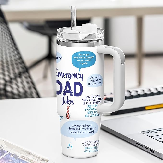 Gossby Emergency Dad Jokes Tumbler, 30oz Stainless Steel with Handle | Funny Gift for Dad, Birthday Gift for Him, Dad Coffee Tumbler with Straw, Insulated Travel Cup, Gift for Daddy, Stepdad