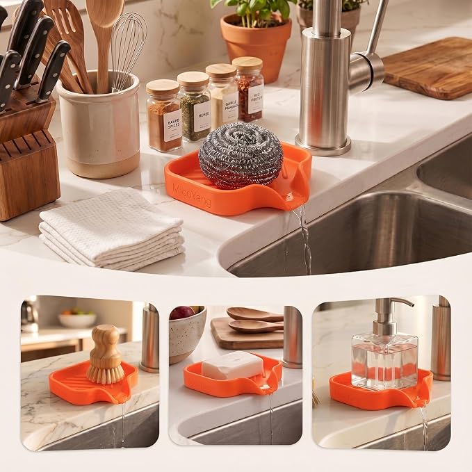 MicoYang Silicone Soap Dish with Drain Spout, Self-Draining Sink Organizer Tray for Bathroom and Kitchen, Sponges, Dispensers and Soap Holder, Non-Slip and Dishwasher Safe, Orange (Compact, 4.9"×3.2")