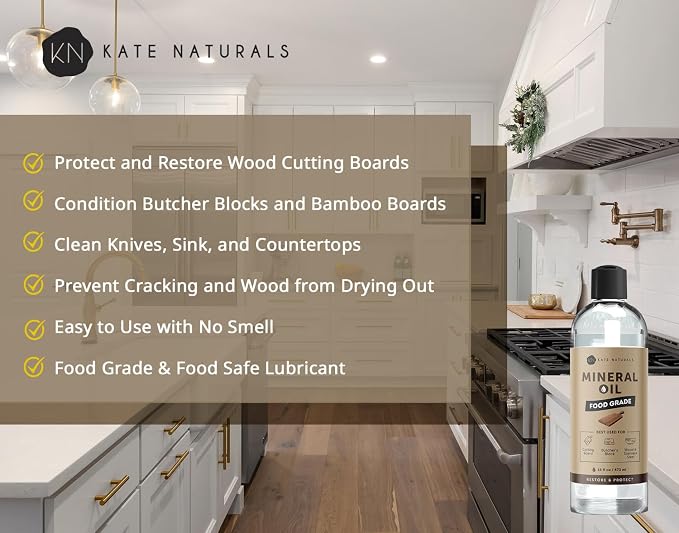 Kate Naturals Mineral Oil for Wood Cutting Board, Food Grade, Odorless,16oz | Food Safe Mineral Oil to Protect Wooden Cutting Board, Butcher Block, Utensils, Bamboo Boards, Stainless Steel Knife