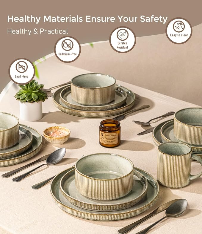 GBHOME Stoneware Dinnerware Sets for 4,12-Piece Plates and Bowls Set | Handmade Reactive Glaze Ceramic Dish Set, Scratch Resistant, Dishwasher&Microwave Safe,Desert Sage