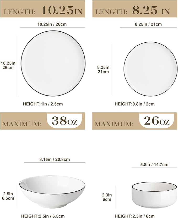 MALACASA 24 Pcs Porcelain Plates and Bowls Sets,Dinnerware Set for 6,White | Modern Ceramic Dishware Set,Kitchen Dining Ware,Microwave and Dishwasher Safe,Simple White with Black Trim Design,Series LUNA