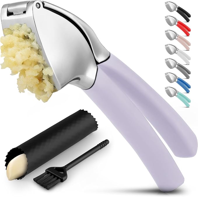 Zulay Kitchen Metal Comfort Grip Garlic Press | Garlic Mincer Tool - Garlic Crusher - Rust Proof Garlic Press, Ergonomic Handle, Easy Clean with Peeler and Brush - Lavender