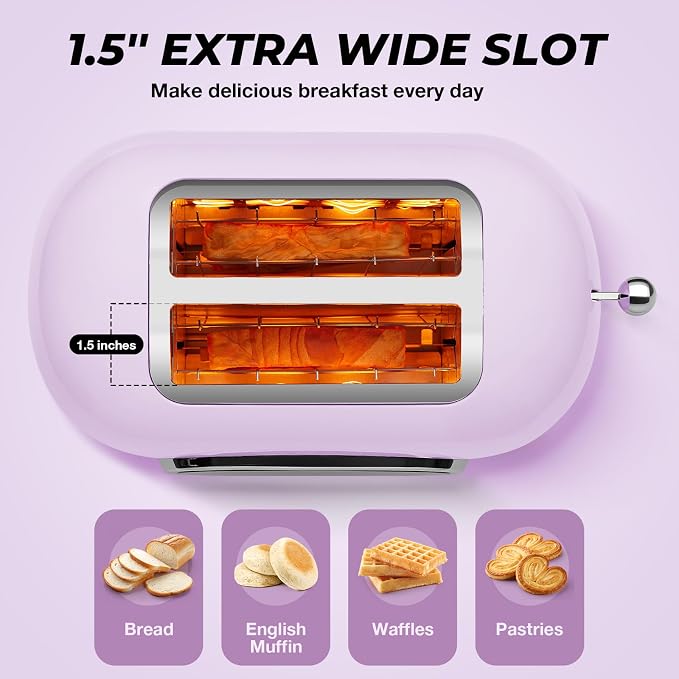 Roter Mond Smart 2 Slice Toaster, Touchscreen, Bagel Defrost, Light Purple | Retro stainless steel, digital timer & sleep mode, 6 bread types & shades, defrost/reheat/cancel,even toasting wide slots