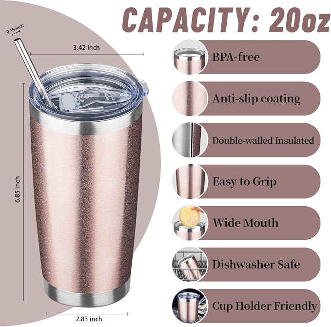 20 oz Tumbler with Lids and Straws, Stainless Steel Insulated Travel Coffee Mug, Double Wall Vacuum Insulated Tumblers, Powder Coated Coffee Tumbler for Cold & Hot Drinks (Rose Gold)