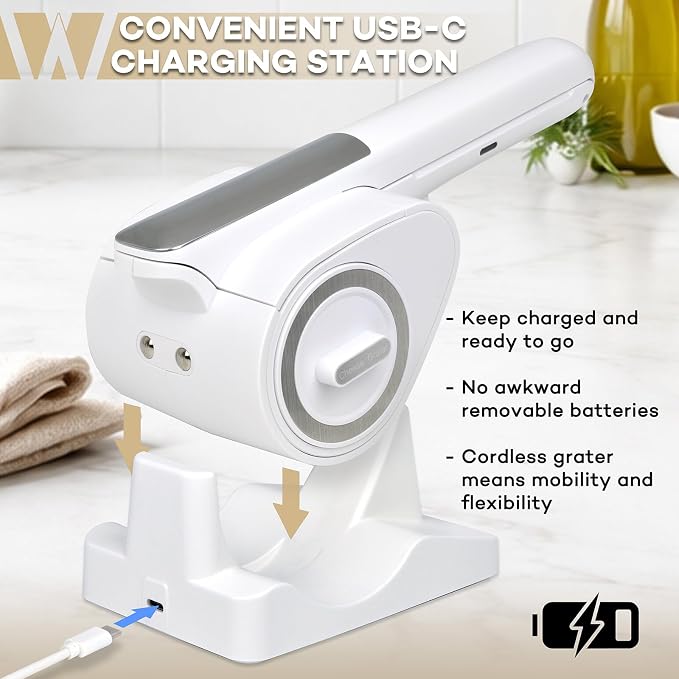 Electric Cheese Grater for HARD Cheeses (NOT Cheddar!) - Wongle Automatic Handheld Electric Cheese Grater for Parmesan Cheese, Cordless with USB-C Charging Station (White)