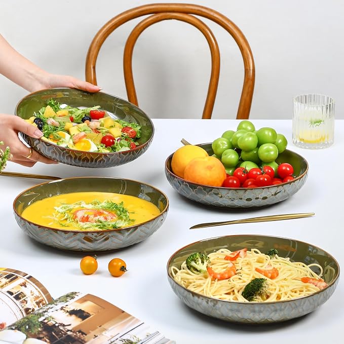 Sureasy Pasta Bowls Set of 4, 30oz Large Ceramic Embossed Bowl Plates, 8.5 Inch Wide and Shallow Plate Bowls, Salad Bowl, Microwave, Oven & Dishwasher Safe, Green