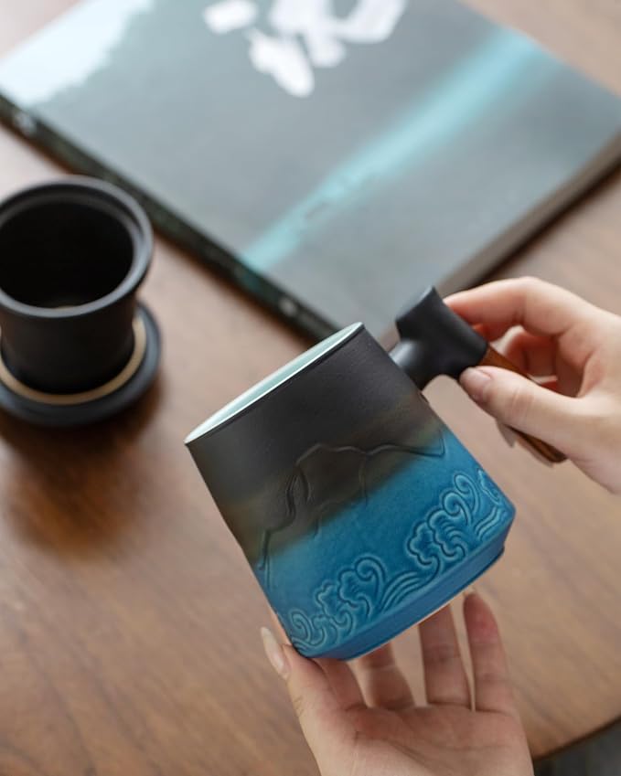 ZENS Tea Cup with Infuser and Lid & Coaster for Tea Steeper, 15oz Blue | Embossed Ceramic Tea Infuser Mug for Loose Leaf Tea Difussers, Tea Lovers Gifts, Nature Wood Handle