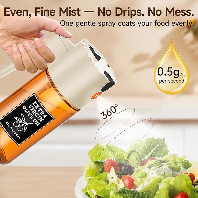2-in-1 Dark Glass Oil Sprayer & Dispenser, Beige Fine Mist No-Drip | 500ml dark glass for daily cooking, kitchen counter, salad & baking; food-safe, 304 filter, wide-mouth refill and cleaning.