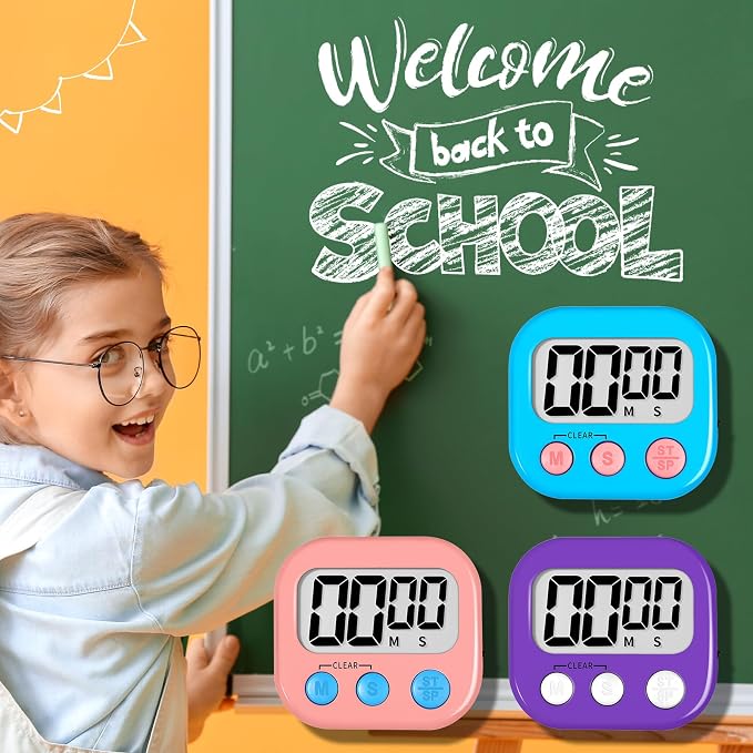 ZILLEEN Digital Kitchen Classroom Timers for Kids Cooking 6pcs Blu Pk Pur | Strong Magnetic, Large Screen, Big Button, Count Up/Down, Loud Alarm, Teacher Classroom Must Haves Supplies