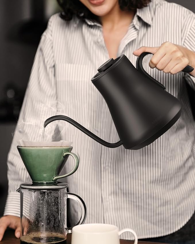 INTASTING Gooseneck Electric Kettle with ±1℉ Temperature Control 0.9 Liter | 1500W Quick Heating, Stainless Steel Inner, Pour Over Coffee & Tea, Keep Warm, Auto Shut-Off, Built-in Brew Timer, Black