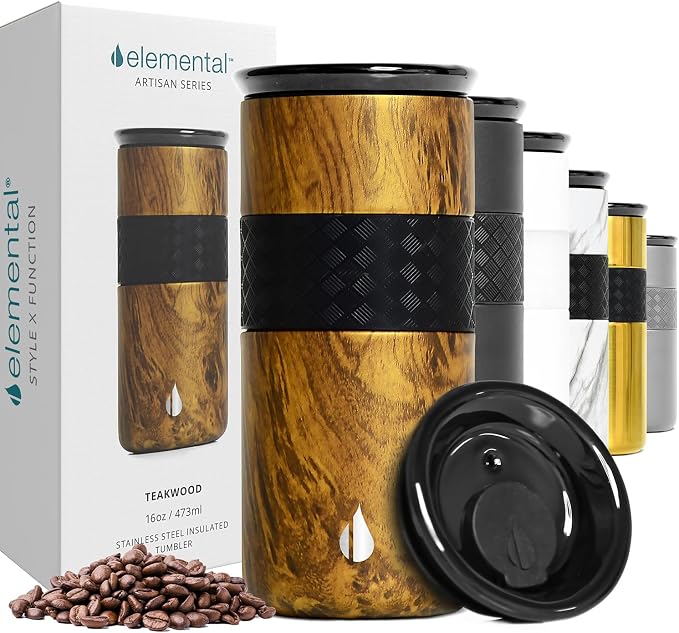 Elemental Artisan 16oz Triple-Wall Insulated Coffee Tumbler w/Ceramic Lid | Triple Wall Coffee Travel Mug, Reusable Stainless Steel Coffee Tumbler; Thermal Coffee Cups for Hot (6 Hrs) & Cold (18 Hrs)