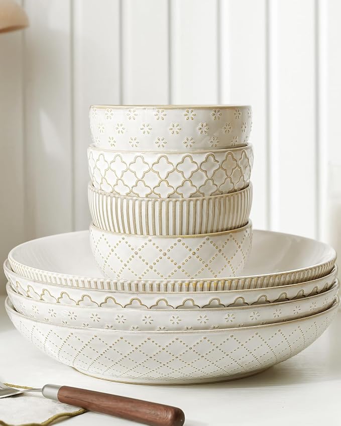 getstar Ceramic Bowl, Small Soup Bowls Set of 4 with Assorted Embossment (4.5 inch & 10 oz), Farmhouse Vintage Color Bowls for Kitchen