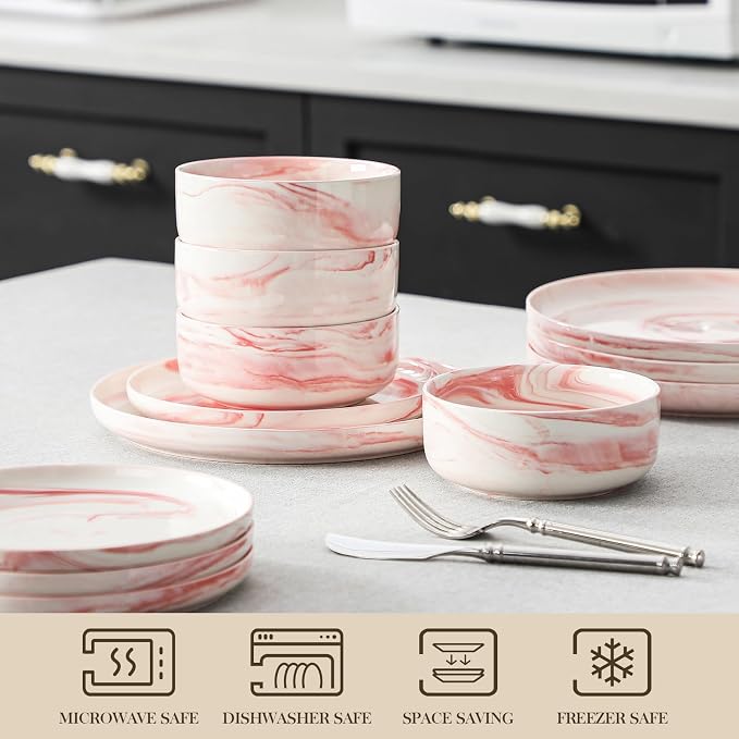 MALACASA 12 Pcs Porcelain Plates and Bowls Sets,Dinnerware Set for 4,Pink | Modern Ceramic Dishware Set,Kitchen Dining Ware,Microwave and Dishwasher Safe,Unique Marble Pink Design,Series LUNA