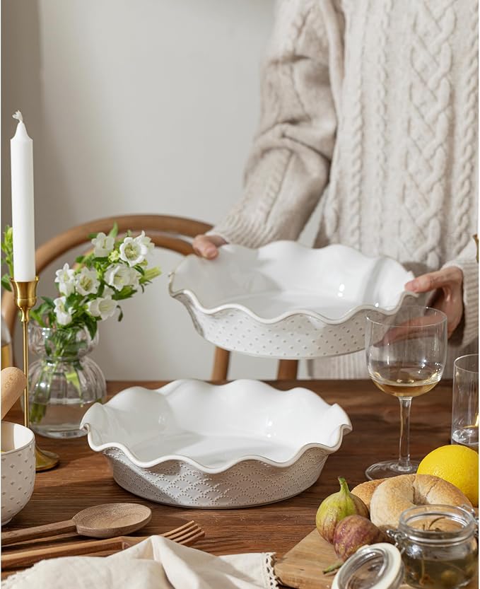 Ceramic Deep Pie Pan for Baking, 11 inch Porcelain Pie Plate for Apple Pie, Oven & Dishwasher Safe, Farmhouse Decor, 48 Ounce Deep Plate for Kitchen, Non-Stick Pie Dish, Embossed Diamond