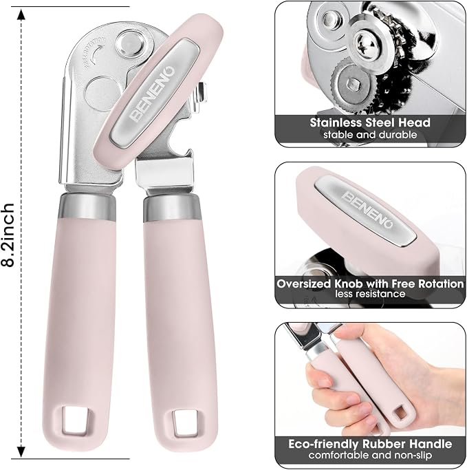 Beneno Heavy Duty Hand Can Opener Manual with Magnet, Light Pink | Razor-Sharp Carbon Steel Blade, Precise Smooth Cutting Gear, Big Effort-Saving Knob, Soft Grip Handle, Built-in Bottle Opener