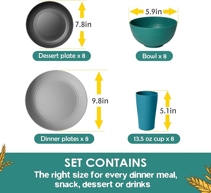Teivio 32-Piece Plates and Bowls Sets for 8, Plastic Kitche Dinnerware Set | 13.5oz Cups,Wheat Straw Unbreakable Dish Set, Dishwasher, for Outdoor Camping RV Kitchen Essentials Dinner Plate set, Coastal