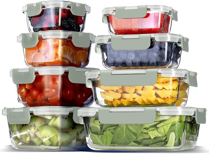 EATEX 16pc Glass Storage Containers with Lids, 8 Glass Food Storage Containers with 8 Airtight Lids for Pantry & Kitchen, Meal Prep Containers for Lunch, Oven Freezer Microwave & Dishwasher Safe