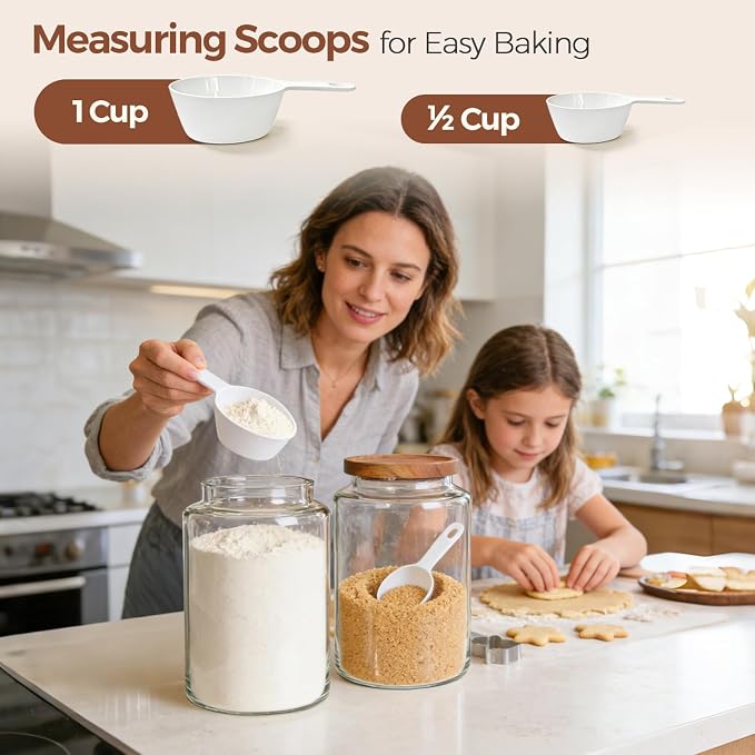ComSaf Flour Storage Containers with Acacia Wood Lids 1Gallon 2Pack | 4.2Qt Large Glass Jar, for Cooks, Flour Cereal Rice Oats, Kitchen Pantry, 4.4in Wide Mouth, Canister with Scoops & Labels