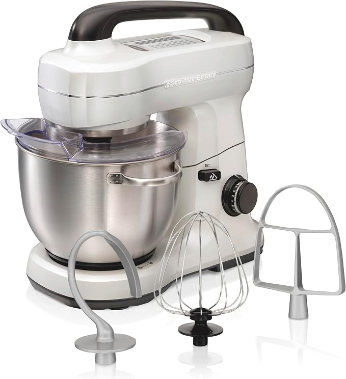 Hamilton Beach 4 Qt Electric Stand Mixer With 7 Speeds, Easy-Carry Handle | Planetary Mixing For Full Bowl Coverage | Splash Guard | 300 Watts | Whisk, Flat Beater, Dough Hook | Mixing Guide | White
