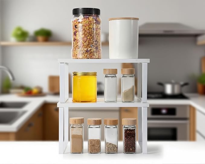 Marsui 4 Pcs Kitchen Organizer Accessories Set for Cabinet,White | Cabinet Organizer Shelves, Bamboo Dish Drying Plate Rack, Wooden Counter Storage Holder, for Spice Dish Pot Lid Bowl Cup