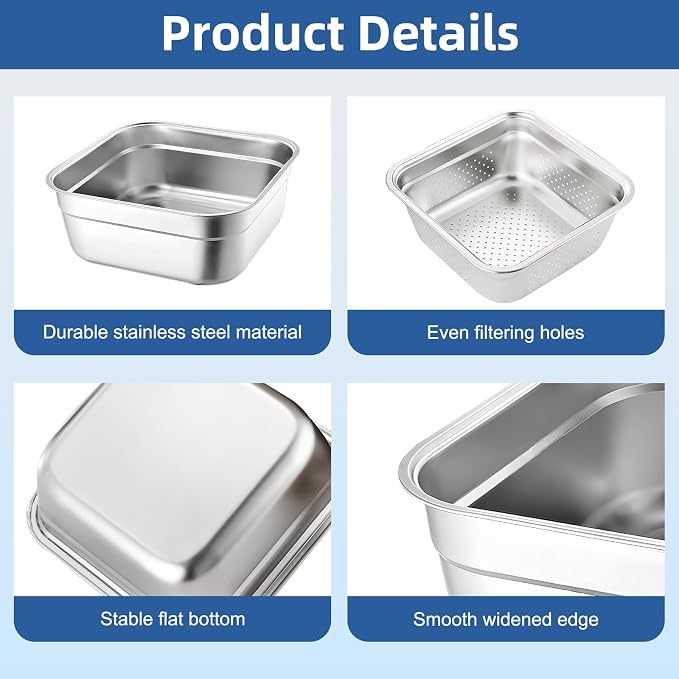 2-in-1 Stainless Steel Washing Up Bowl Set, 12.8" Sturdy Square Dish Tub with Colander, Fruit Vegetable Washing Basin for Sink, Food Grade Dishpan for Draining Rice, Pasta, Food Strainer Mixing Bowl