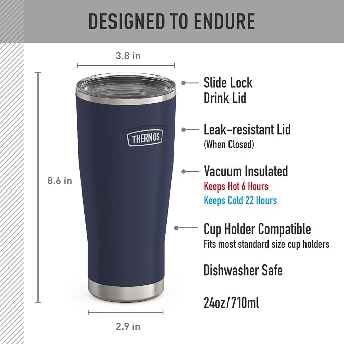 THERMOS Icon Series 24oz Stainless Steel Tumbler with Slide Lock Lid, Leakproof, Fits Cupholder, Dishwasher Safe, Griptec™ Non‑Slip Base, Keeps Drinks Hot 6 Hrs/Cold 22 Hrs, Mystic Navy