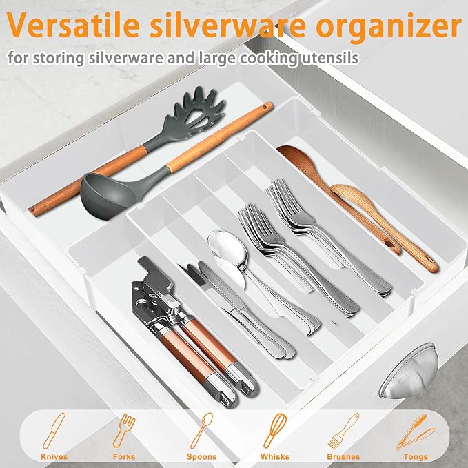 Silverware Drawer Organizer - Expandable Drawer Organizer for Kitchen, Utensil Holder BPA Free Flatware and Cutlery Tray for Spoons Forks Knives, Plastic Kitchen Organizer and Storage, White