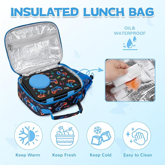 Bento Box for Kids, Leakproof Kids Lunch Box with 8.5OZ Thermo Food Jar & Lunch Bag, 3-4 Compartments Toddler Insulated Lunch Box for Boys, BPA Free Lunch Containers for School Daycare