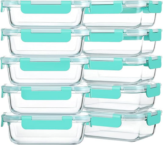 M MCIRCO 10 Pack,22 oz Glass Food Storage Containers with lids, Green | Glass Meal Prep Containers,Airtight Lunch Containers with Lids, Microwave, Oven, Freezer and Dishwasher Friendly, BPA Free