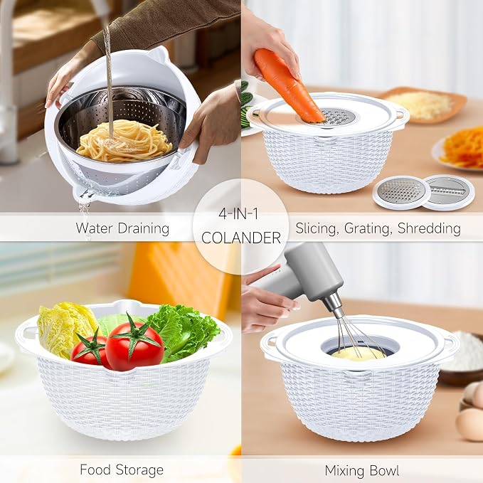 4-1 Strainer with Bowl Set - Rotatable Colander for Kitchen(Patented) - Strainers and Colanders - Pasta Strainer with New Upgraded Graters for Fruit Veggie Fun Kitchen Presents - White