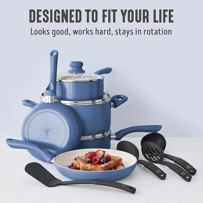 GreenLife 16pc Ceramic Nonstick Pots & Pans Cookware Set, Slate Blue | PFAS-Free Nonstick Coating, Stockpot, Frying Pans, Saucepan, Sauté, Induction Ready, All Stovetop Compatible, Dishwasher Safe
