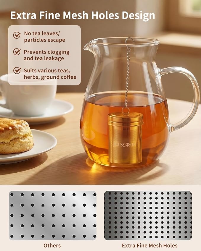 HOUSE AGAIN Large Tea Infuser, Extra Fine Mesh Tea Strainers for Loose Tea, 18/8 Stainless Steel Tea Strainer with Extended Chain Hook, Tea Steeper for Brew Tea, Spices & Seasonings for Multi Cups