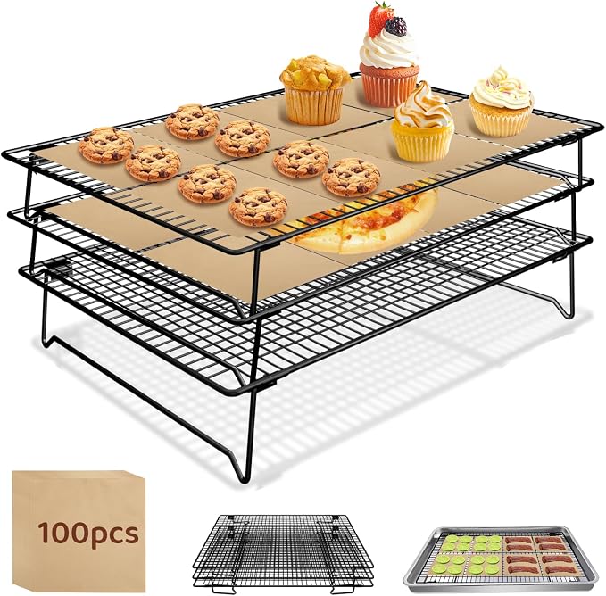 3 Tier 17" x 11" Cooling Rack for Cooking and Baking w/100 Papers | Drying Baking Rack for Baking Sheet, Stackable Cookie Cooling Rack for Pizza, Bread, Cake, Veggie, Jerky