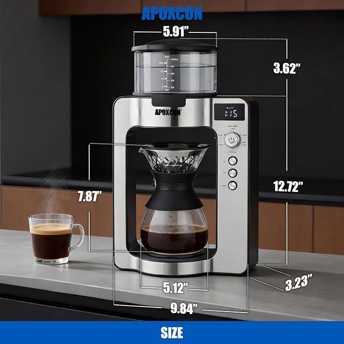 APOXCON Automatic Drip Coffee Maker for Coffee Enthusiasts -Pour Over Coffee Brewer with Programmable Timer, Hand Drip Simulation, Adjustable Strength, Built-in Scale, Glass Water Tank & Carafe