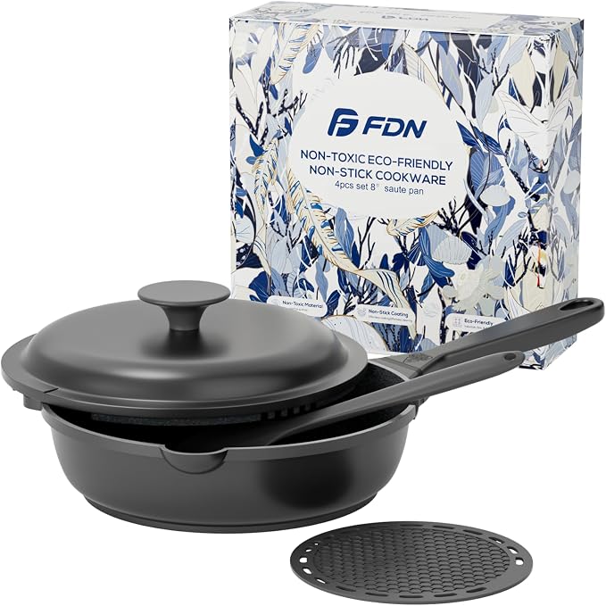 FDN 8" Ceramic Non Stick Frying Pans With Lid, Titanium Pans for Cooking, Non-Toxic PFAS-Free, Induction & Oven-Safe Cookware, Black For Daily Cooking