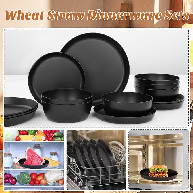 EjonirInjonir 12pcs Black Plates and Bowls Sets for 4 Unbreakable Outdoor | Reusable Stackable Black Plastic Plates and Bowls Sets for Outdoor Catering, RV Camping, College Dorms & Special Parties