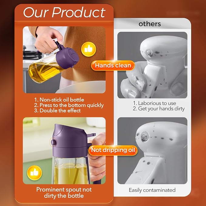 YARRAMATE 16 oz 2-in-1 Glass Olive Oil Sprayer for Cooking, BlackPurple | Food-grade dispenser bottle, 470 ml, spray and pour, portion control, stickers included, for salad, frying and BBQ