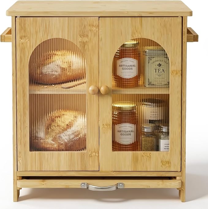 Bread Box for Kitchen Countertop: with Cutting Board Bamboo Storage Container for Homemade Bread, Two Layer Breadbox under Cabinet Mount, Large Bread Holder for Kitchen Counter, Pantry Shelf